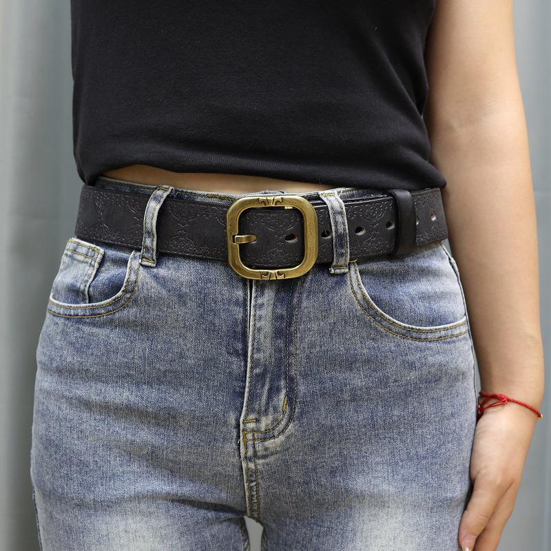 Vintage Handmade Women's Genuine Leather Belt with Copper Buckle - First Layer Cowhide, Versatile for Jeans, Personality Pattern, Casual Style.