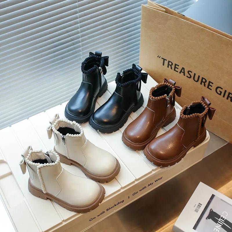2024 Children Leather Shoes for Girls Autumn Winter New Fashion Korean Style Soft Bottom Anti-slippery Versatile Short Boots