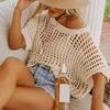 Women Casual Tops O-neck Short Sleeve See-through Crochet Hollow Knit Sweater Top Solid Color Loose Fit Pullover Tee