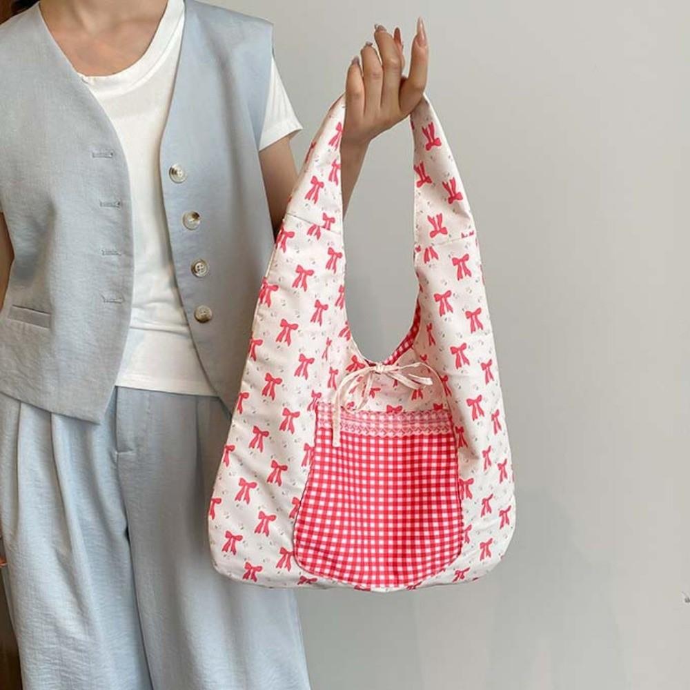 Sweet Double-sided Shoulder Bag Lace Decoration Korean Style Women Bow Printed Handbag Versatile Polyester