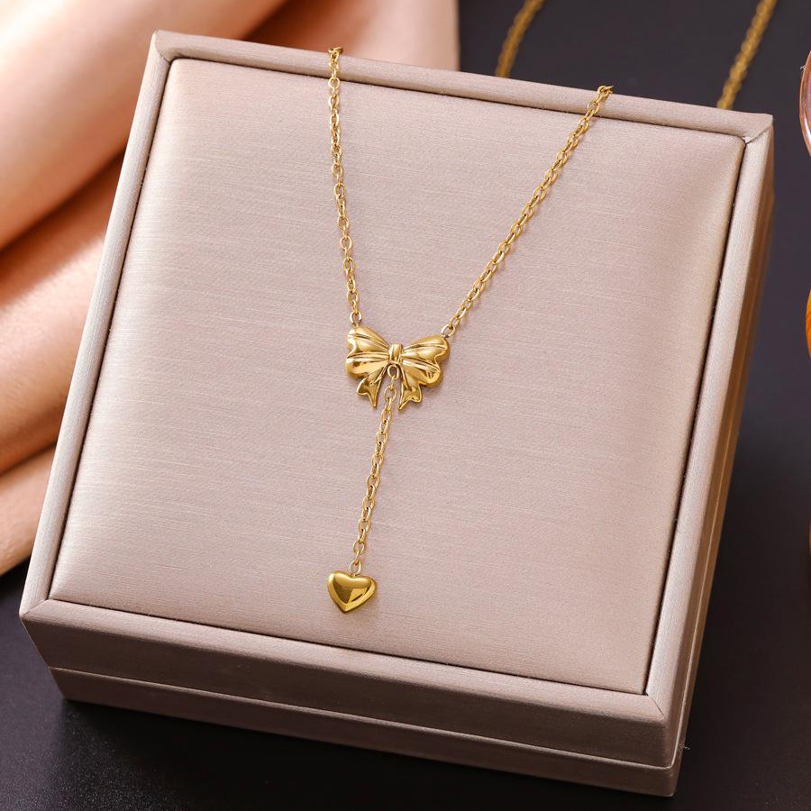 European & American Fashion Titanium Steel Princess Bow Heart Tassel Necklace - Light Luxury Sweet Style