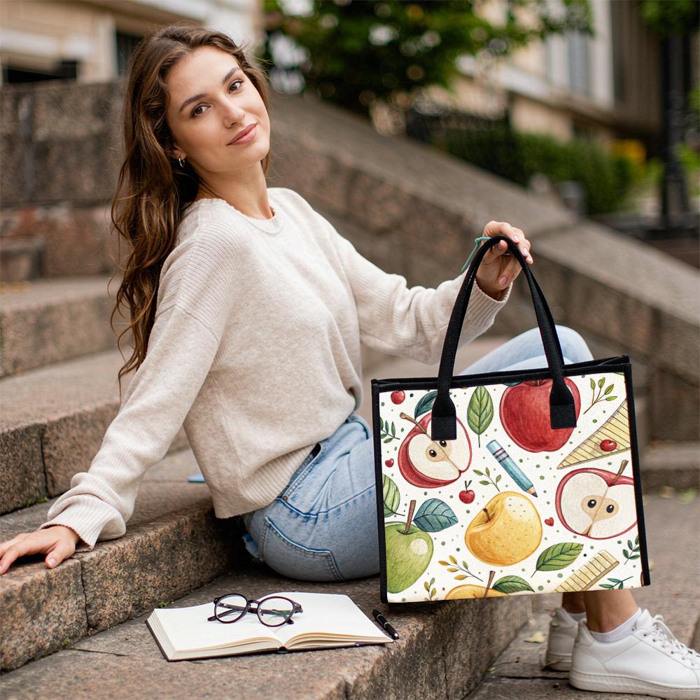 Cute Apple Pattern Tote Bag Portable Daily Handbag for Women Casual Lightweight Shoulder Bag for Work Shopping