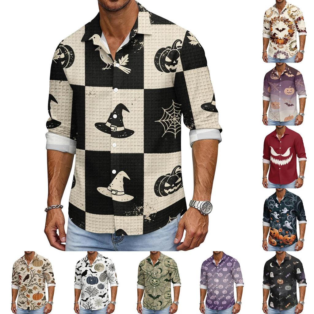 Men's Casual Long Sleeve Halloween Print Shirt Button Down Collar Relaxed Fit Lightweight Breathable Fabric Casual Sport Shirt