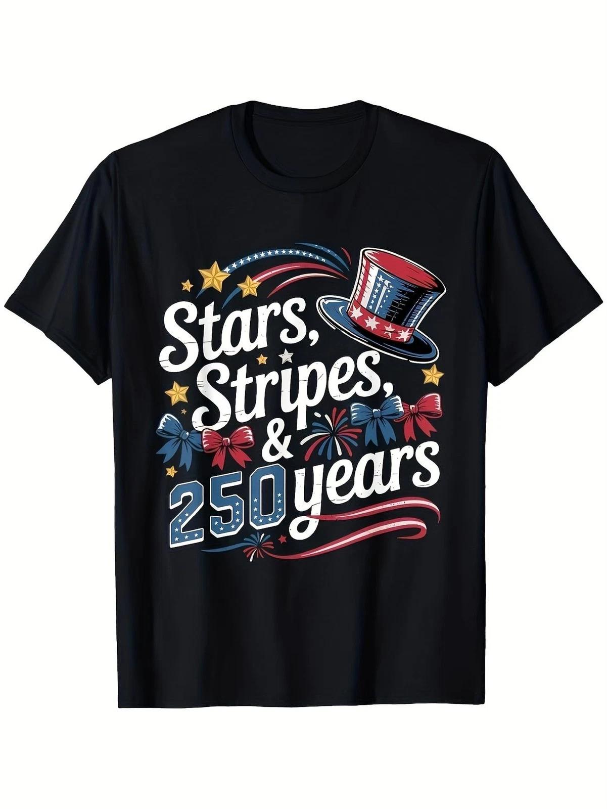 USA 250 Years Semiquincentennial T Shirt Top Hat Stars Patriotic Graphic Tee S