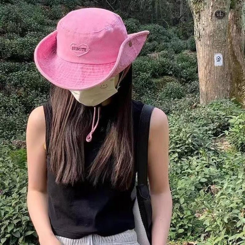 Retro Washed Love Cowboy Bucket Hats Women Spring Summer Outdoor Frenulum Sun Protection Sweet Pink Sun Hat Fisherman Caps