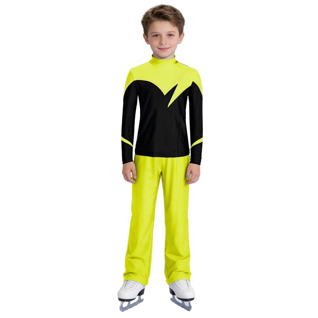 Kids Boys Figure Skating Outfit Mock Neck Long Sleeve Back Invisible Zipper Color Block Shiny Rhinestones Top with Elastic Waistband Pants Competition