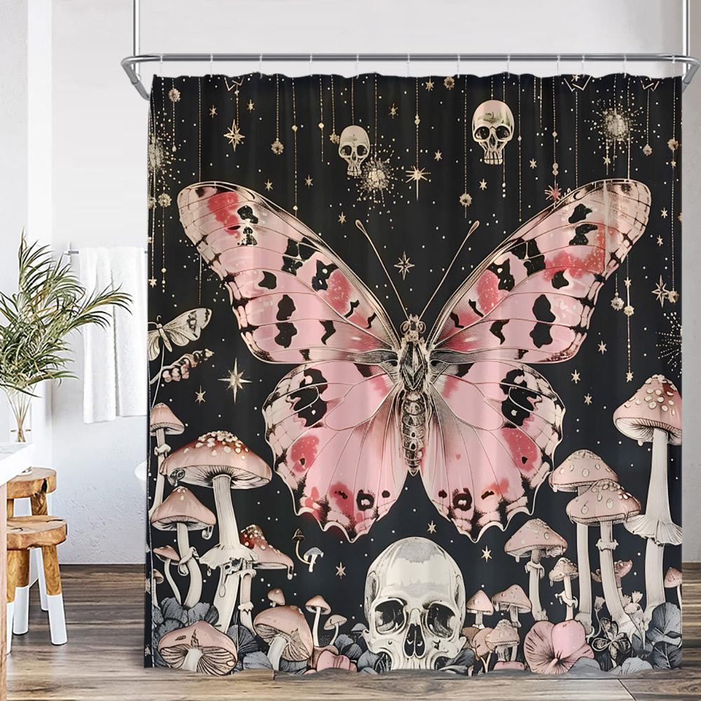 Vintage Butterfly Dragonfly Shower Curtain Flower Skull Mushroom Witch Magic Halloween Bath Decor Retro Polyester Bath Curtain