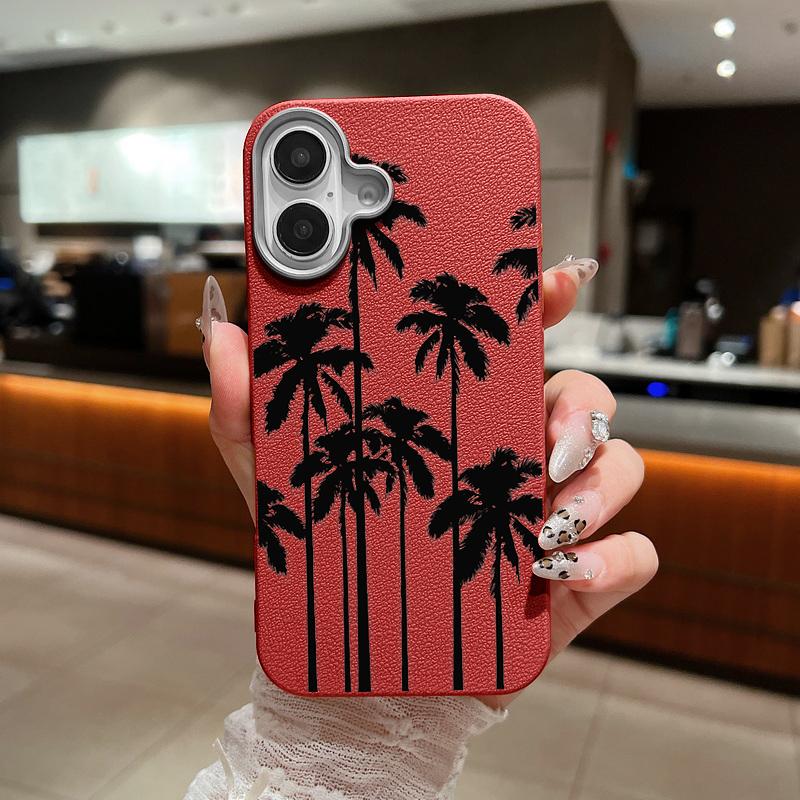 Schwarze Kokosnussbaum-Print-dünne, stoßfeste, weiche TPU-Telefonhülle für iPhone 16 Pro Max 15 Pro 14 13 12 11 Linsenschutzhülle aus mattem Leder