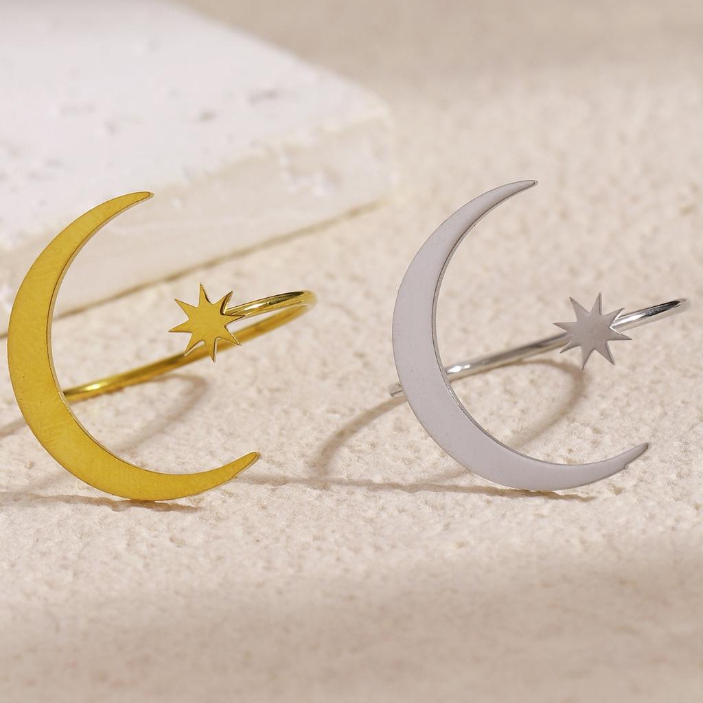 Crescent Moon and Star Open Ring for Women Minimalist Celestial Adjustable Ring