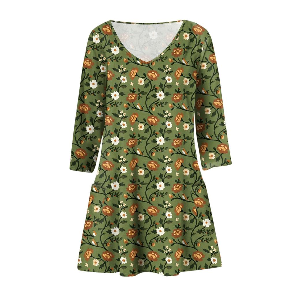 Women's Fashion Casual V-Neck Floral Print Pocket Three-quarter Sleeve Dress