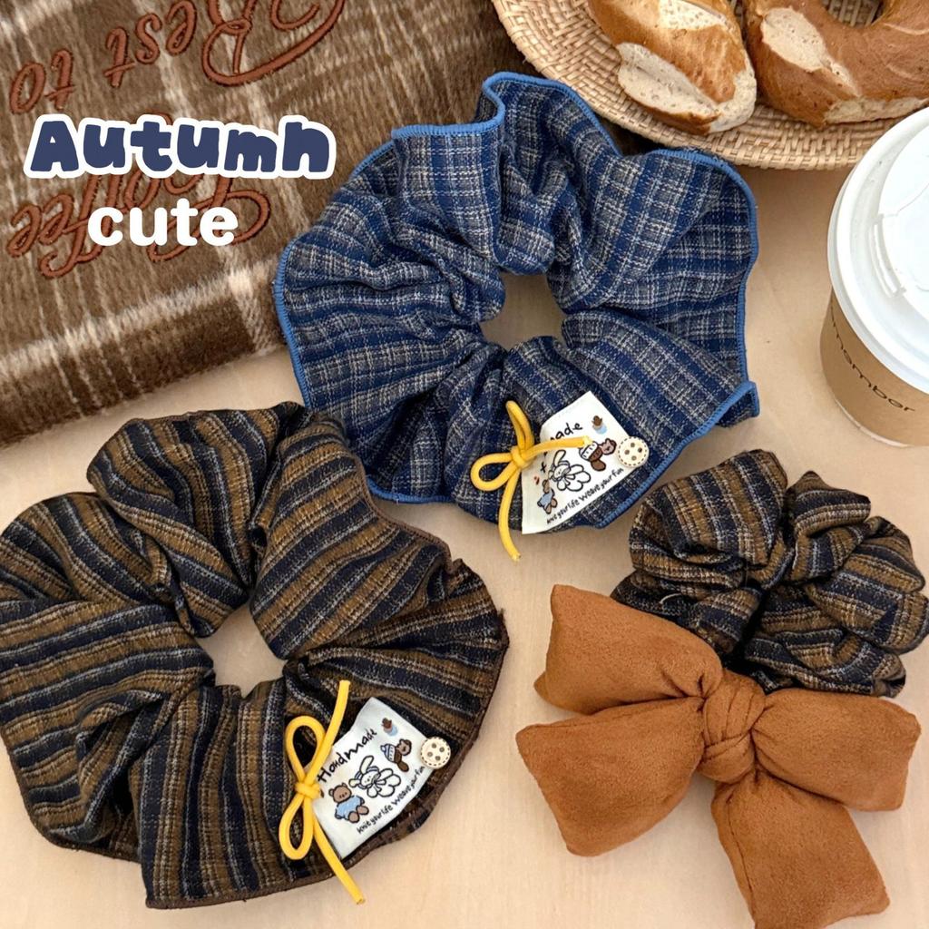 Retro Korean Blue & Brown Plaid Scrunchie, Girly Autumn/Winter Schoolgirl Bow Hair Tie