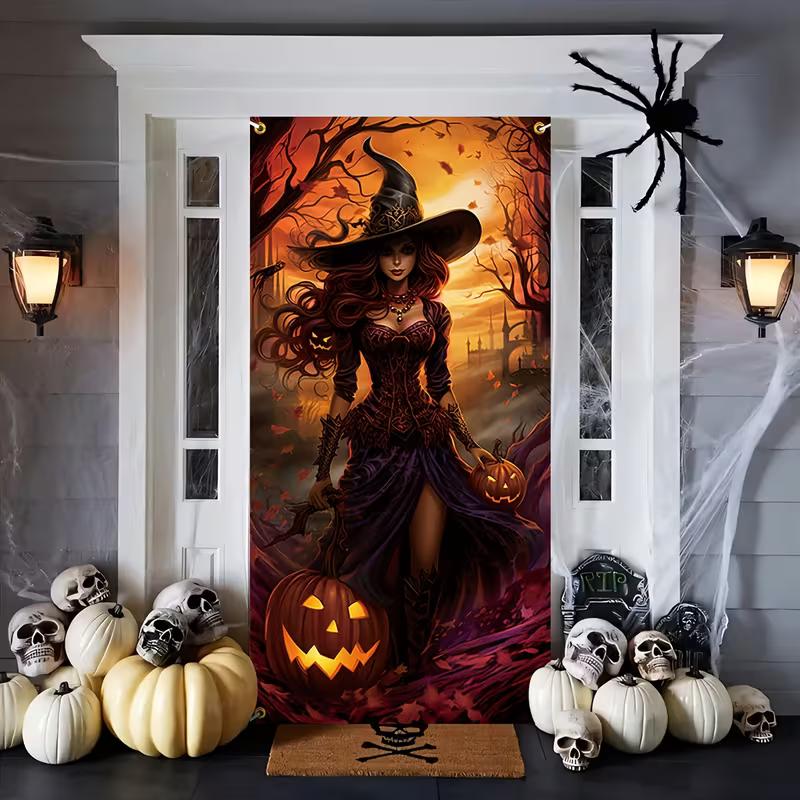 2D Halloween Gothic Witch Door Cover, Witch with Pumpkins Party Backgroun