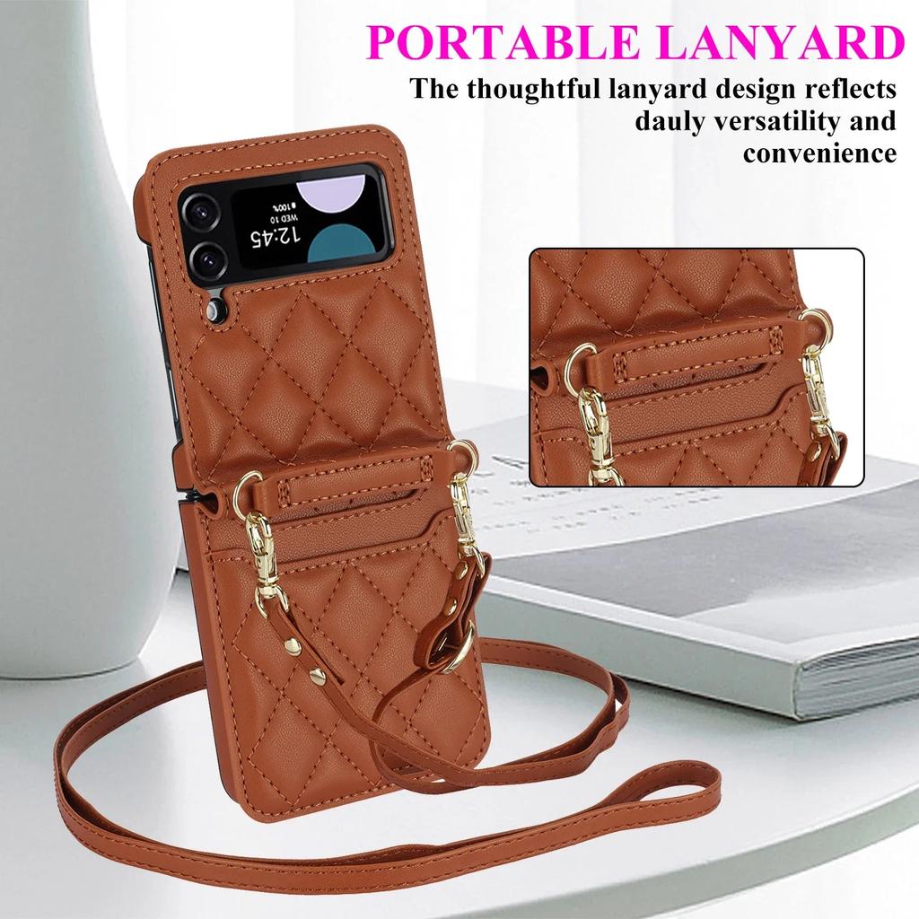 Lanyard Cards Solt Leather Wallet Case For Samsung Galaxy Z Flip 6 5 4 3 5G Flip5 Flip6 Purse Bag Crossbody Strap Pocket Cover