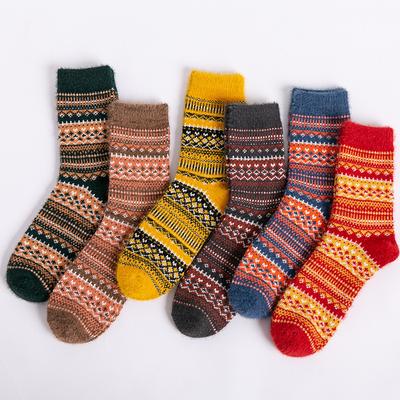 3 Pairs of Women's Mid-calf Socks with Ethnic Style, Thickened Mink Wool Imitation and Warm Rabbit Wool Socks