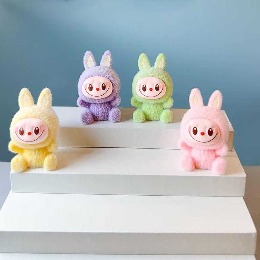 New Style Macaron Flocking LABUBU Plush Toys DIY Cartoon Cute Mini Doll Desktop Ornament Holiday Gifts