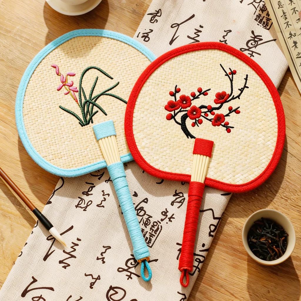 Embroidered Fan Patch, Large Palm Fan, Summer Handmade Straw Fan, Traditional Hand-Woven Household Fan, Children's Mosquito-Repelling Sunflower Fan
