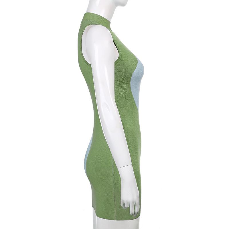 Síťový trend Nové geometrické prošívání Kontrast barvy Tenký balíček Tužková sukně s kulatým výstřihem sukně bez rukávů Pletené dámské šaty