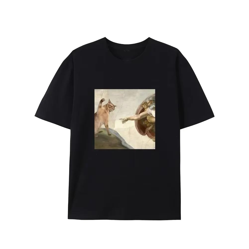 

Creative Renaissance Cat TShirt Michelangelo Parody with Funny Animal Black Tee for Art Lovers Humor Clothing Unique Design S