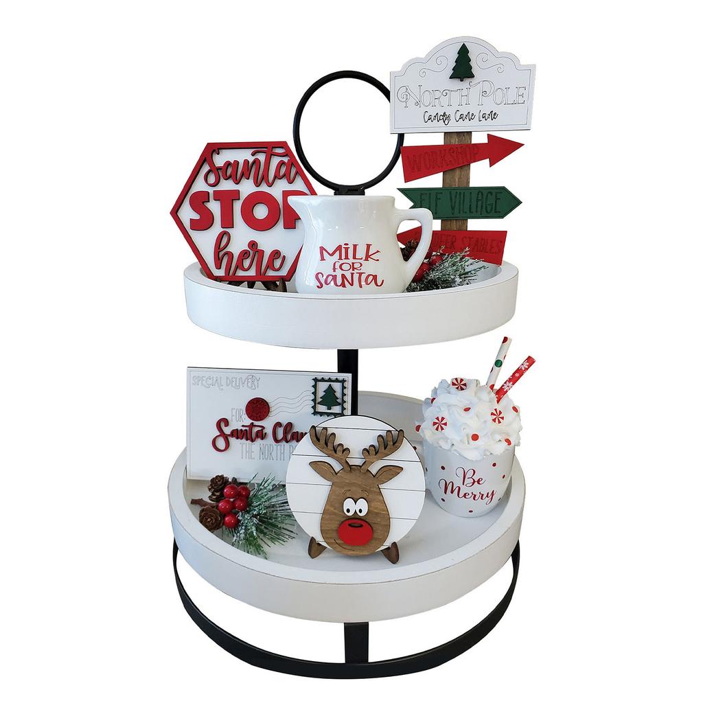 Christmas Tiered Tray Decor, Rustic Farm-House Xmas Wooden Signs Decorations For Kitchen Home Table Party Supplies, Tray Not Include