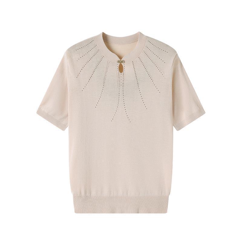 2026 Eis Seide Kurzarm T-Shirt für Frauen mittleren und höheren Alters, Sommer Mode Rundhals Strickware