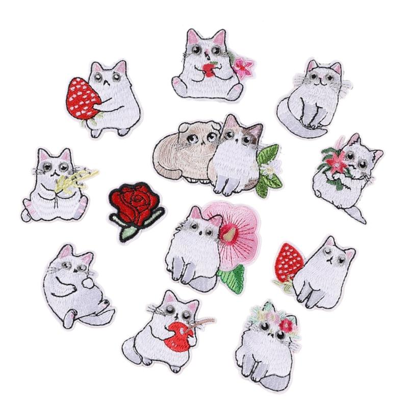 12 Pcs Lovely Animal Repair Patches Iron on Embroidered Patches White Cats Sew On Decorative Appliques for Clothes Hat