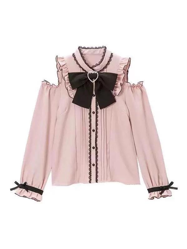 European Cute Japanese Bow Ruffle Long Sleeve Women's Shirt