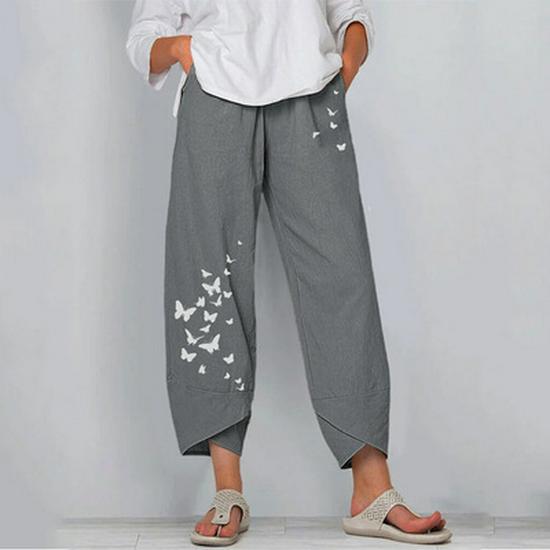 European & American Summer Casual Loose Cotton Linen Butterfly Print Wide-Leg Pants for Women 3199