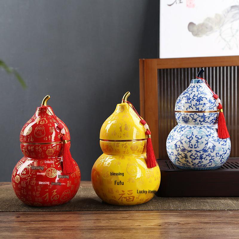 Exquisite Large Ceramic Tea Can with 'Hundred Blessings' Gourd Design: Moisture-proof, Ideal Gift for Elders, Weddings & Business Celebrations