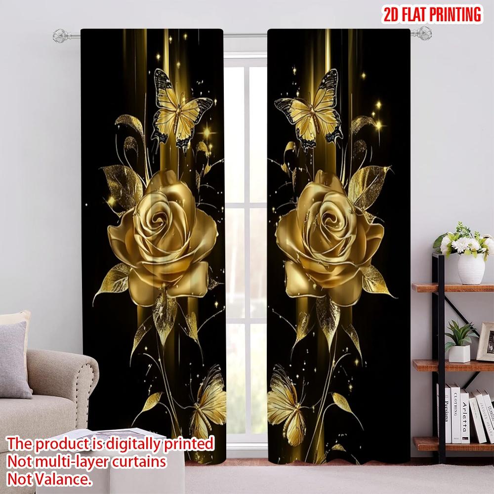 

2Pcs 2D Flat PrintingLuxurious Rose Golden Floral And Butterfly Printed Curtain Suitable For Living Room Dining Room Kitchen 52.50 × 116.00 cm 2 pcs