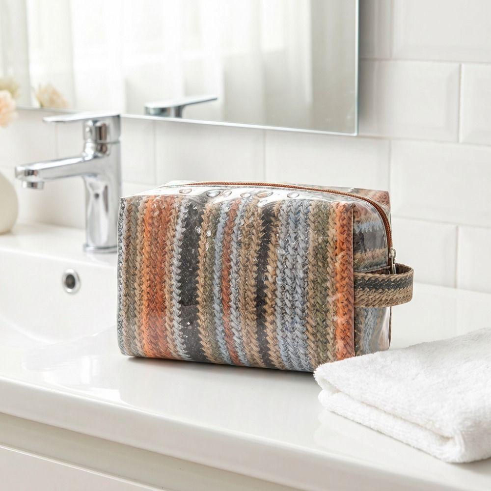 Imitation Straw Weave Pattern Portable Cosmetic Bag Waterproof Large Capacity Travel Toiletry Organizer Smooth Zipper
