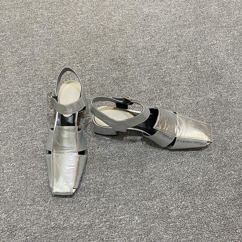 Silver Square Toe Strap Sandals for Women - Trendy Chunky Heel Summer Footwear