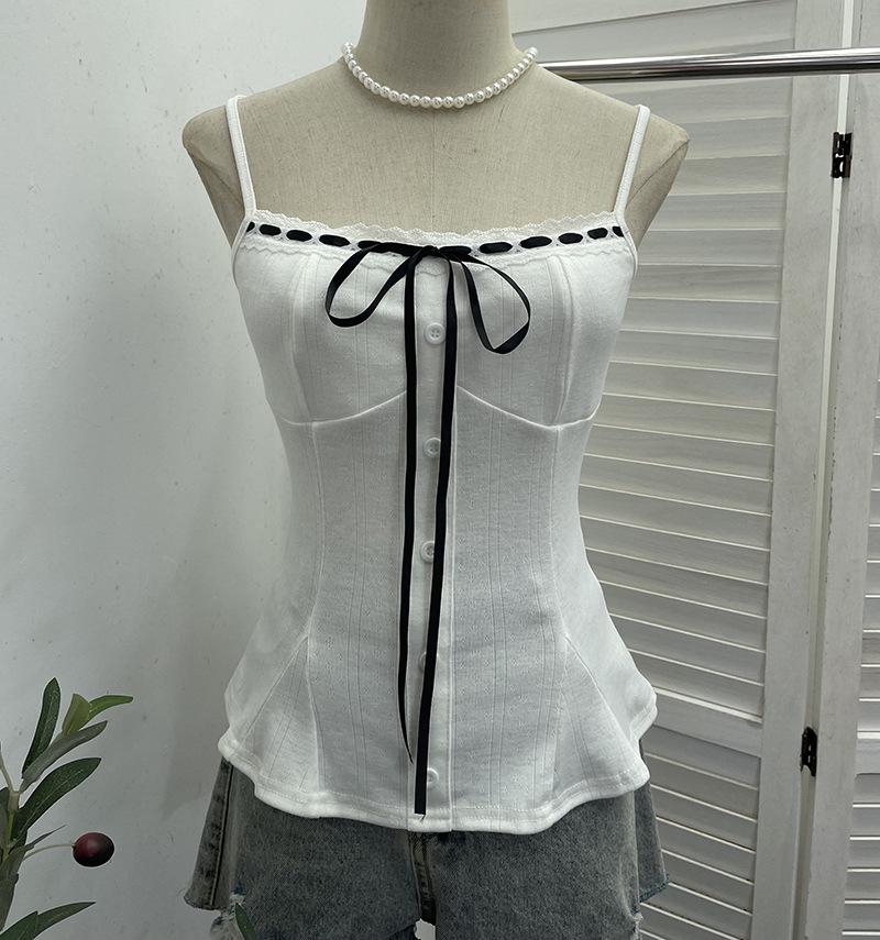 

Spring/Summer Color Block Lace-Up Bow Camisole with Lace Trim & Single-Breasted Pullover - Style 6022 One Size белый