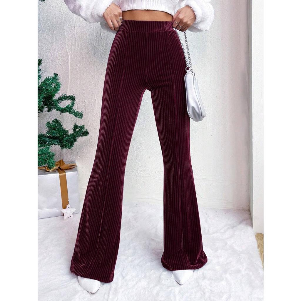 Women's High Waist Corduroy Flare Pants Stretch Solid Color Casual Winter Trousers