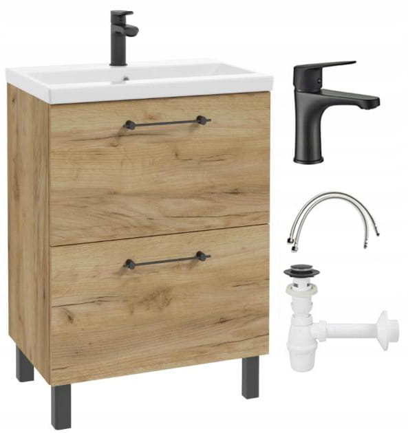 Bathroom cabinet with washbasin, tap and siphon 50x80cm, standing, Oak Craft Cassandra