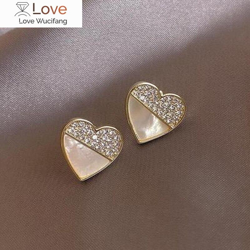

925 Sterling Silver Crystal Shell Heart Korean Stud Earrings For Women Girls Wedding Party Jewelry Pendientes Eh453