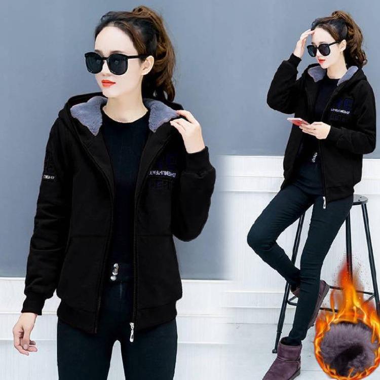 Plus Size Korean Women's Loose Fleece Hooded Sweater Coat Cardigan Jacket for Students
