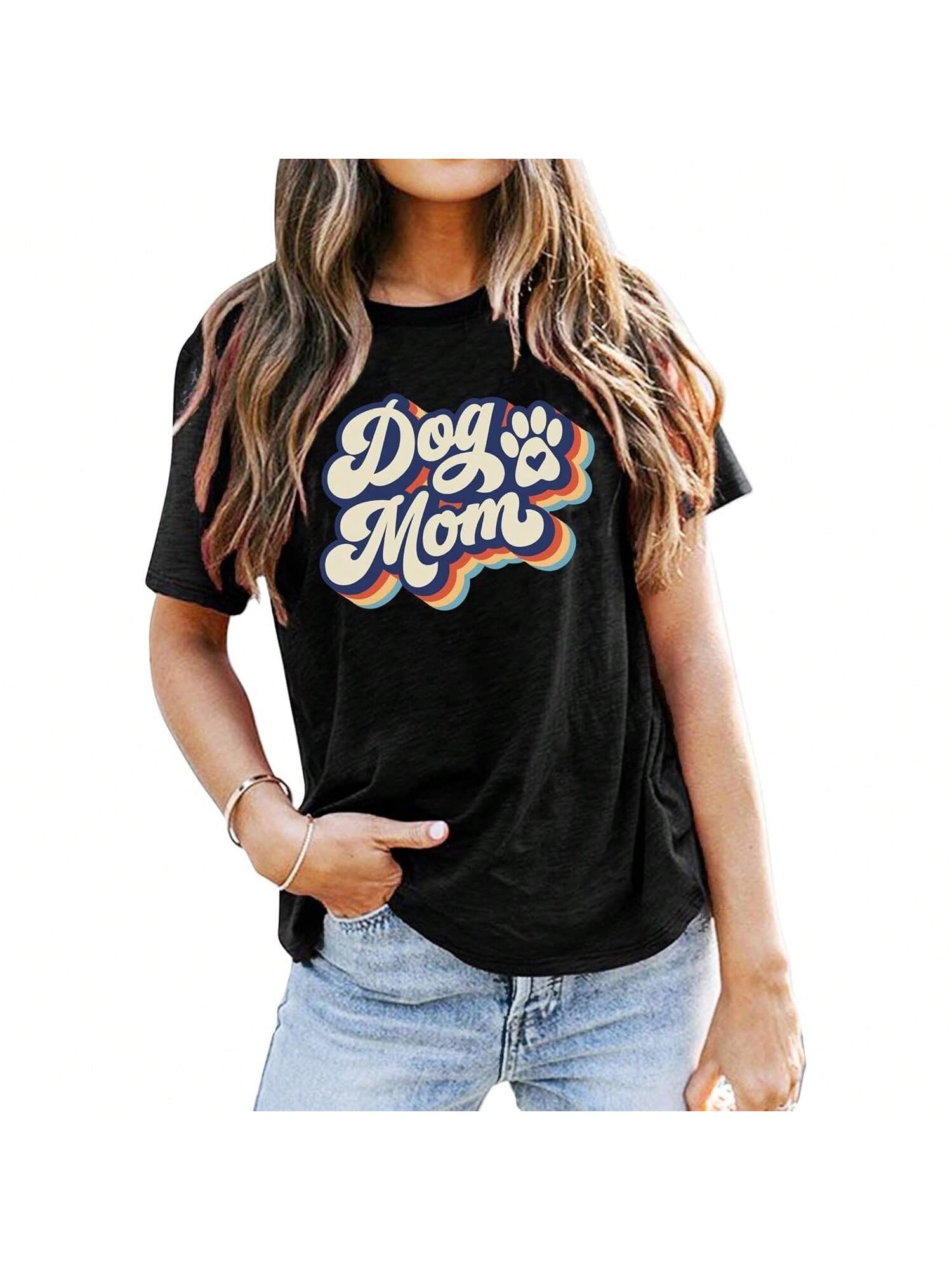 Dog Mom Shirt Wounisex Funny Leopard Print Mama T-Shirt Cute Graphic Tee Lover Letter Print Short Sleeve Tops S разноцветный