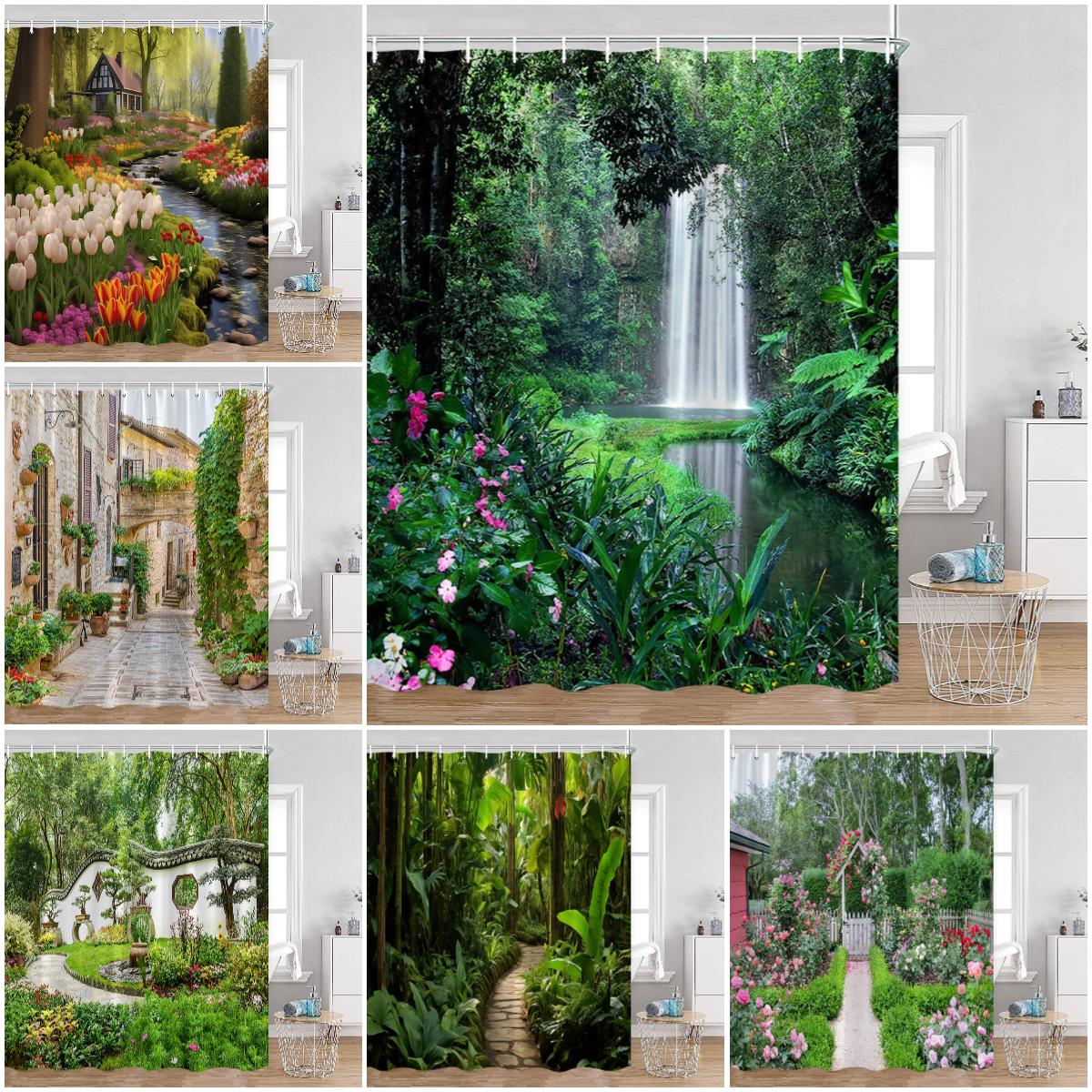 Textile Article Green Garden Palnts Shower Curtains Leaves Chinese Garden Forest Floral Bathroom Curtains Classical Home Decor For Bath