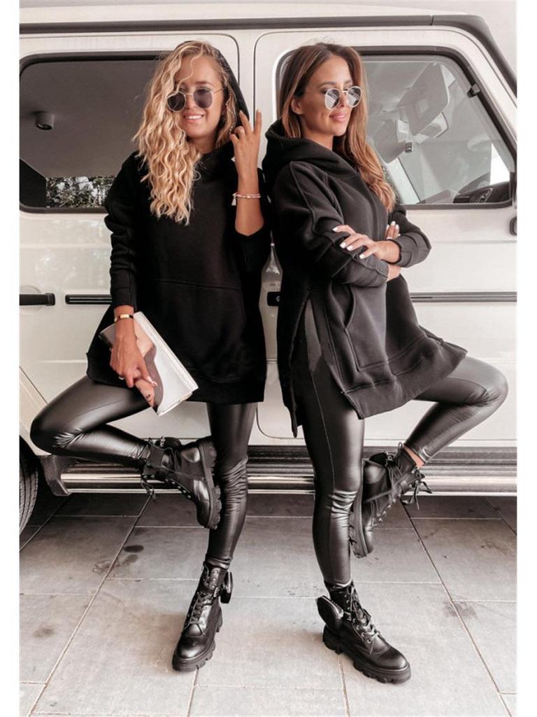 2024 Autumn/Winter Women's Solid Color Hooded Sweatshirt with Slit