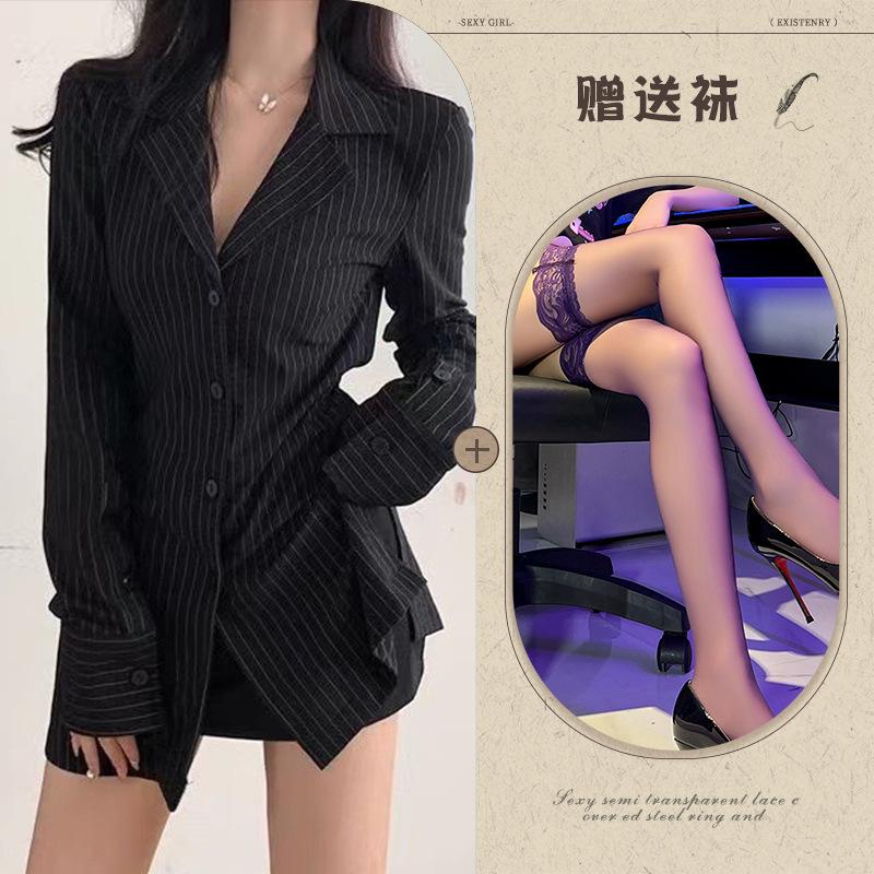 Erotic lingerie boyfriend shirt long sleeve striped slim and versatile mid-length slimming autumn waist top