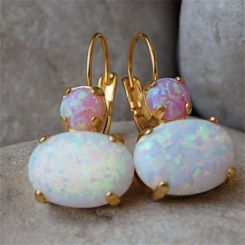 

Изящные серьги-крючки золотистого цвета с круглыми белыми и красными камнями для женщин