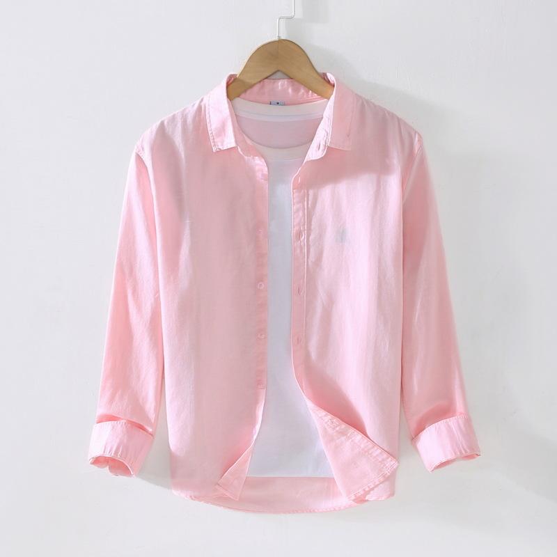 Linear Long-sleeved Men's Japanese Casual Loose Cotton Linen Shirt Spring and Summer Outfit Inch Shirt