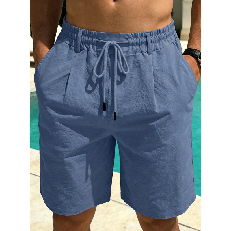 Men Loose Cotton-Linen Drawstring Shorts Solid Color Casual Sports Shorts For Man S