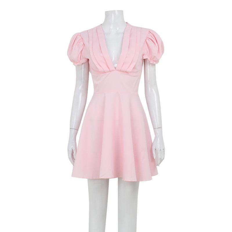 Moda de vară Temperament Socialite Rochie scurtă umflată cu decolteu în V adânc cu mâneci cu bule