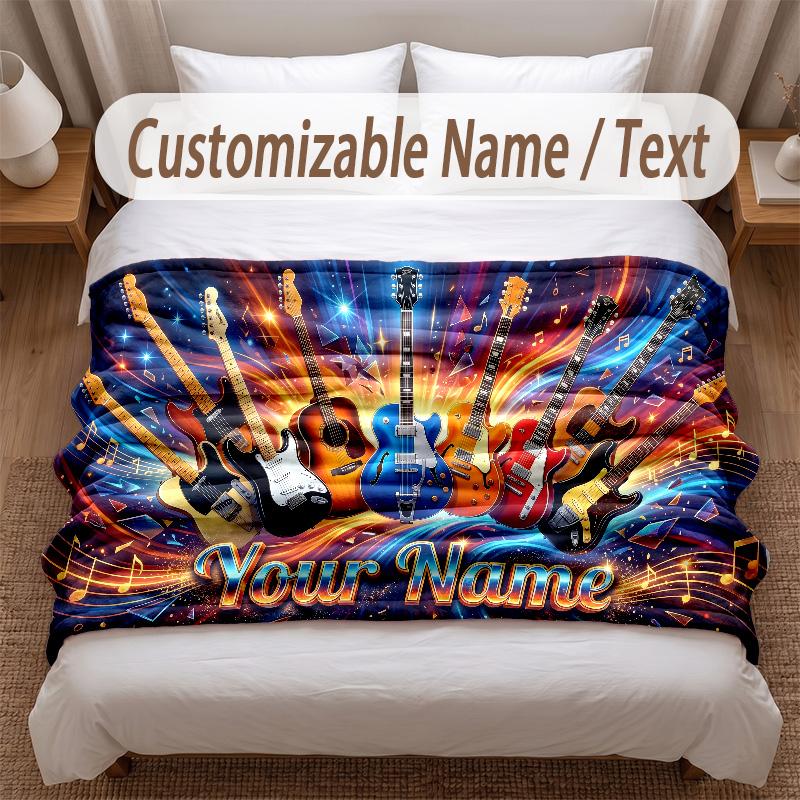 Music Guitar Theme Soft Blanket Personalized Custom Name Text Print Warm Blanket Home Sofa Bedroom Decor