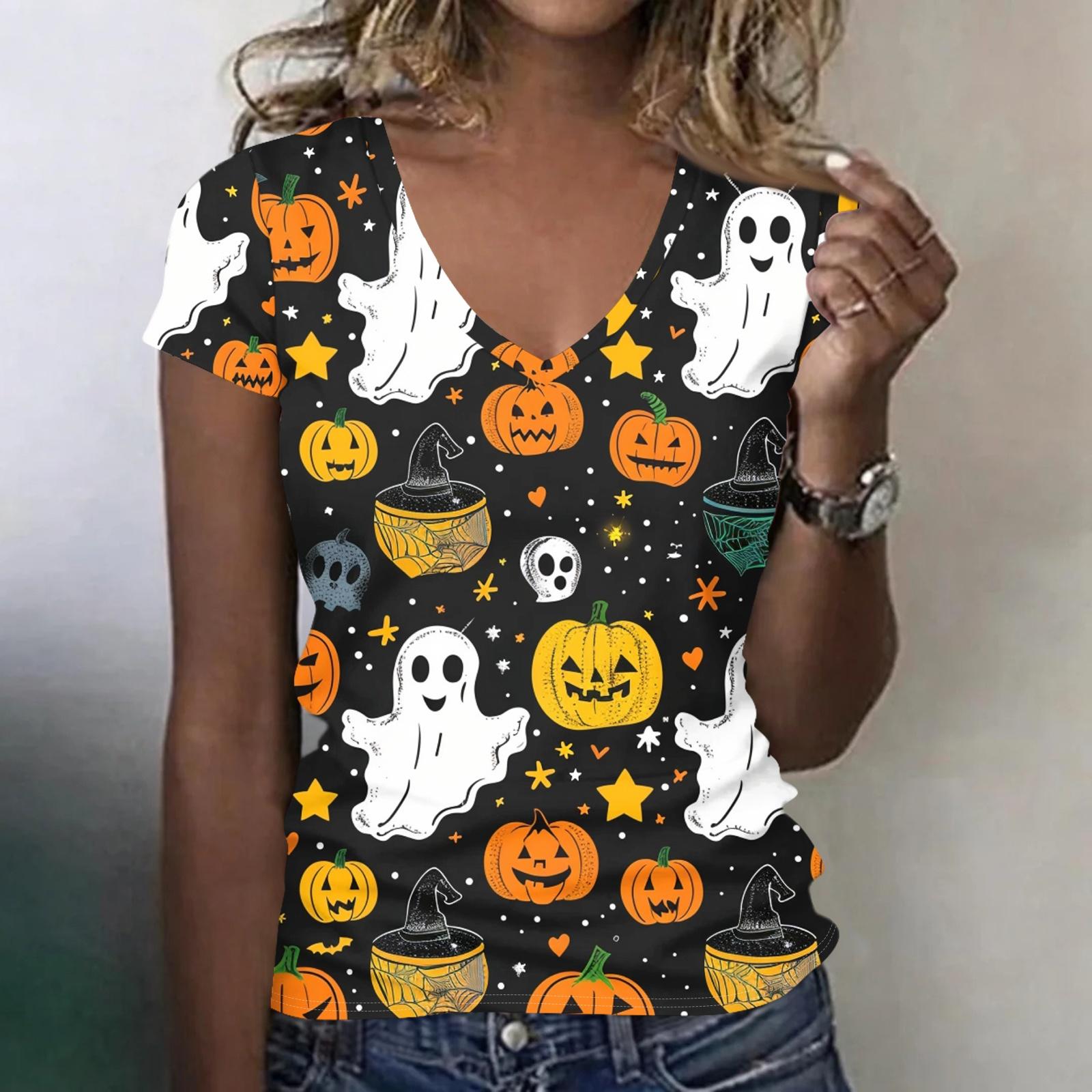 Women s V-Neck Blouse with Halloween Print Lightweight Top for Spring Summer XXL