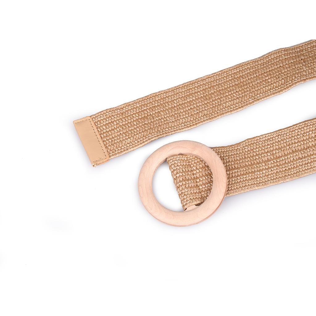 New European and American Women's Round Wood Buckle PP Lafite Elastic Braided Hemp Rope Ethnic Style Summer Women's Belt