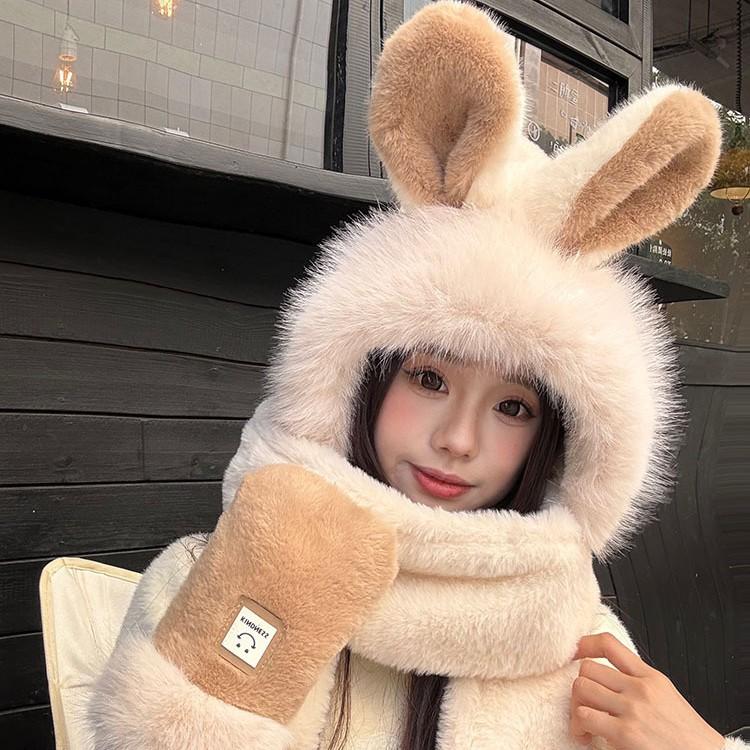 Rabbit Ears Hat Season Girl Scarf Gloves Integrated Hooded Scarf Cute Thickened Warm Plush Three-piece Set