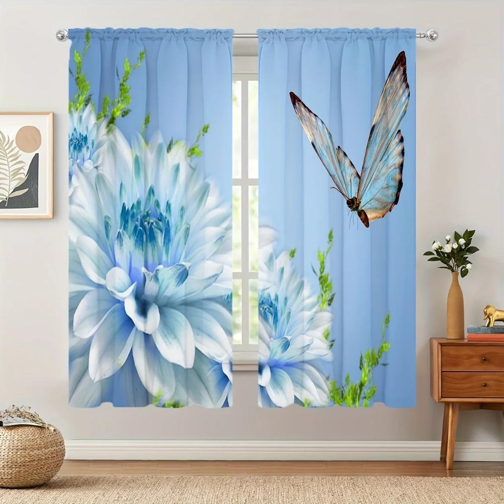 2pcs Blue Background Floral Butterfly Print Curtains Polyester Material For Living Room Bedroom Study Multi-scene Home Decor