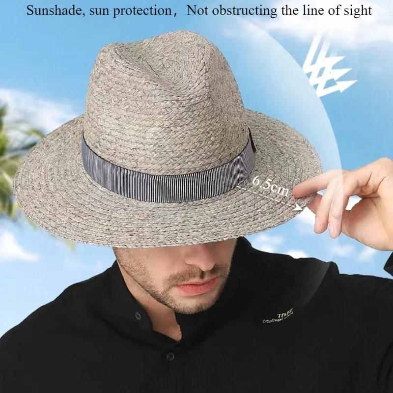 100% Natürliche Raffia-Sonnenhüte Große Größe 63cm Strohhut für Damen Herren Breiter Rand Sommer-Jazzhut UPF50+ Reise-Panama-Strandhut